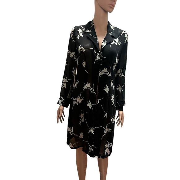 VANY Women’s Sheer Black Floral ButtonDown Shirt Dress Long Sleeve Cover-Up.SZ-8 - Picture 1 of 8